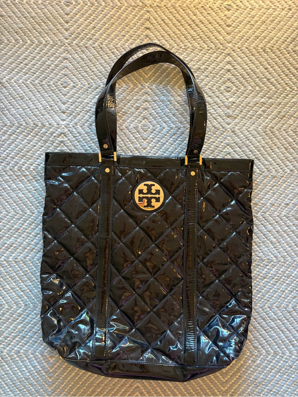 Tory Burch Black Quilted Patent Logo Tote